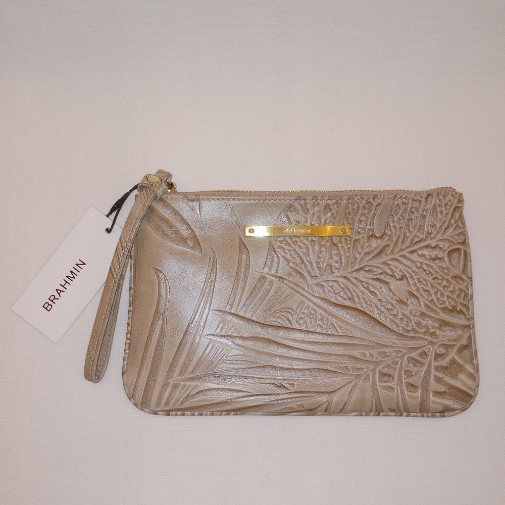 Brahmin Sally Wristlet/Cosmetic Bag Embossed Palm Leaf Print Leather Taupe NWT